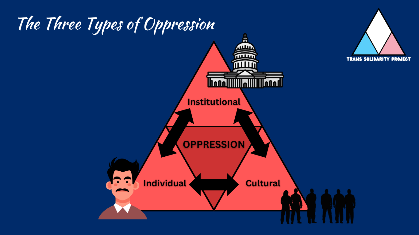 This graphic is excellent for visualizing how these concepts interact. Since this is another custom piece of content for your site, the alt text should clearly explain the structure to ensure it is accessible to all readers.
Recommended Alt Text:
"Infographic titled 'The Three Types of Oppression' by the Trans Solidarity Project, featuring a red triangle diagram with arrows connecting the three points: Institutional, Individual, and Cultural. Each point is represented by a corresponding icon: the U.S. Capitol building for Institutional, a person for Individual, and a group of people for Cultural, illustrating how these forms of oppression are interconnected.