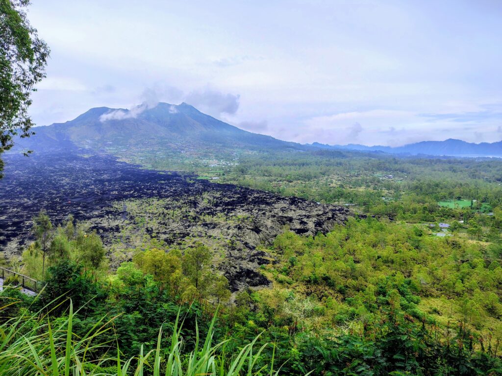 A panoramic view of Mount Batur in Bali, Indonesia, showing the striking contrast between a vast, dark field of dried black lava and the surrounding lush green forest. This landscape from a travel journey highlights the powerful volcanic history and natural beauty of the Kintamani highlands.